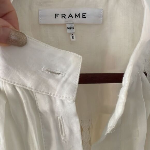 Frame button up short sleeve white with crochet belted dress medium - Picture 12 of 16